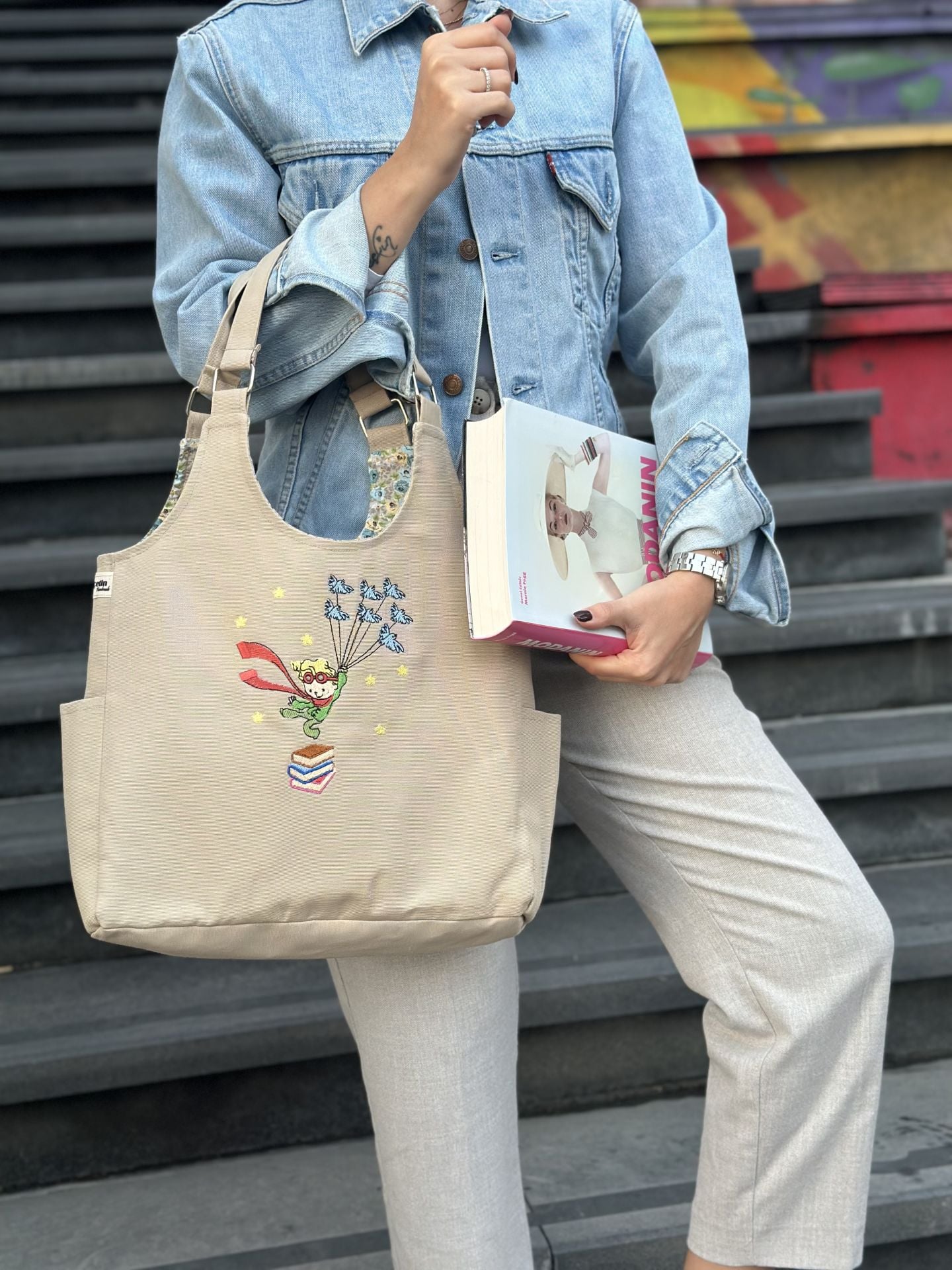 Krem Küçük Prens Nakışlı Omuz Çantası