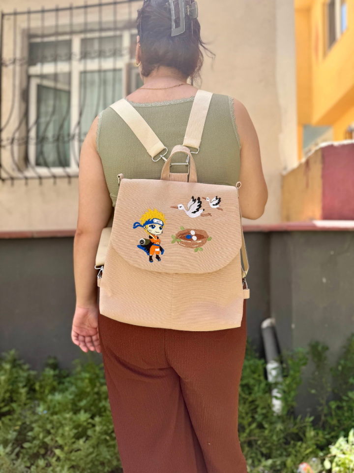 Krem Naruto (Anime) Nakışlı Sırt Çantası