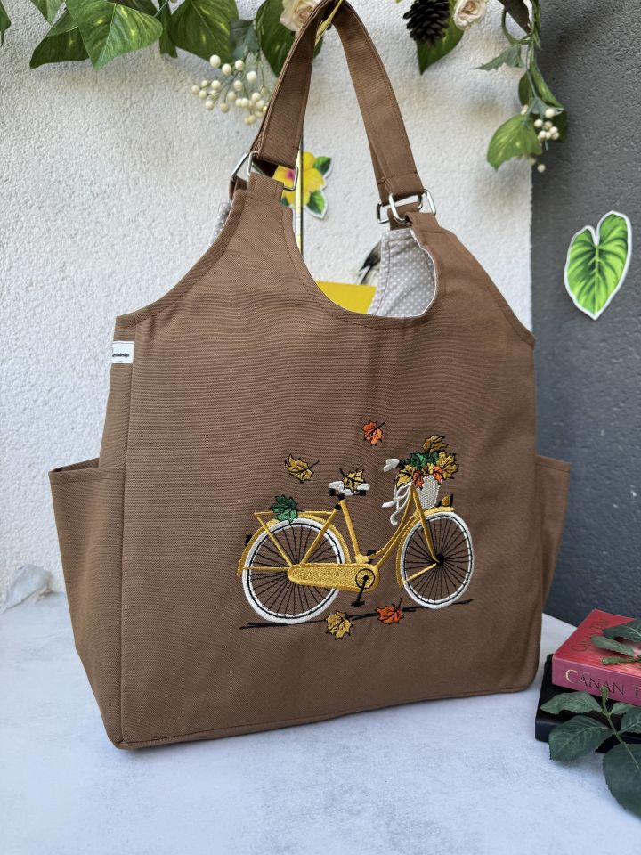 Kahverengi Bisiklet Nakışlı Omuz Çantası