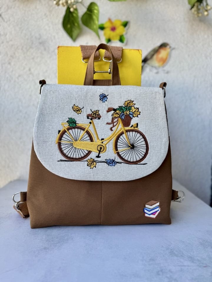Kahverengi Bisiklet Nakışlı Sırt Çantası
