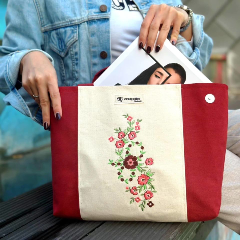 Bordo Bohem Çiçekli Omuz Çantası