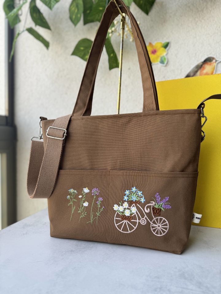 Kahverengi  Çiçekli ve Bisikletli Nakışlı Çok Cepli Omuz Çantası