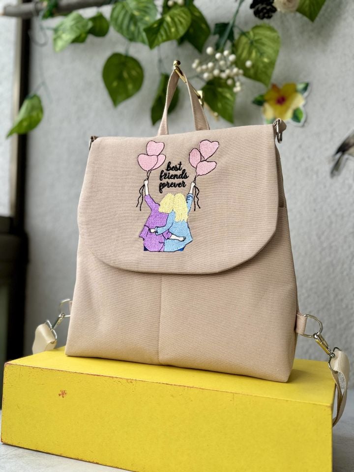 Krem Best Friends Forever Nakışlı Sırt Çantası