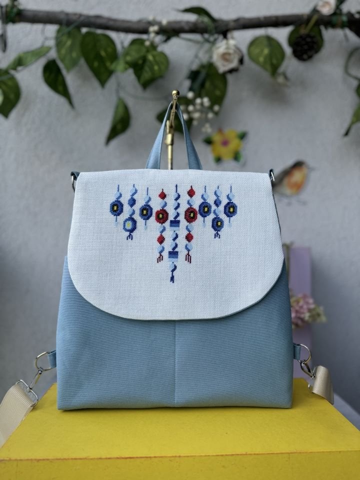 Mavi Nazar Boncuğu Kanaviçe İşlemeli Sırt Çantası