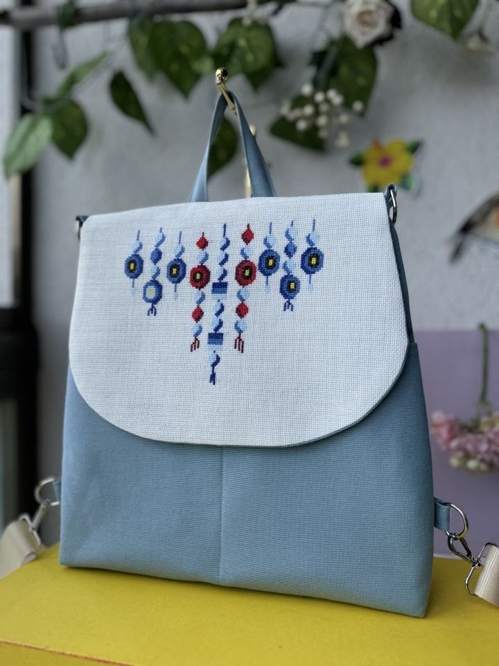 Mavi Nazar Boncuğu Kanaviçe İşlemeli Sırt Çantası