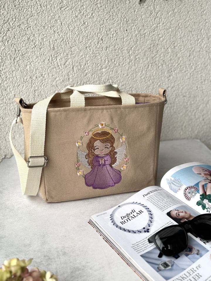 Krem Melek Nakışlı Omuz Çantası