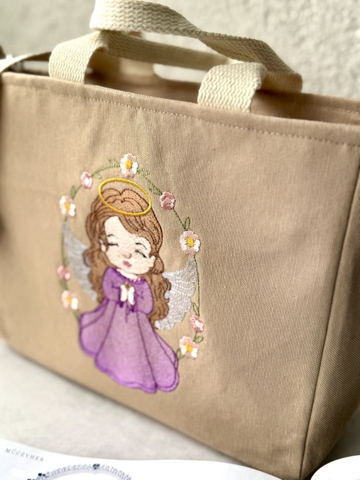 Krem Melek Nakışlı Omuz Çantası