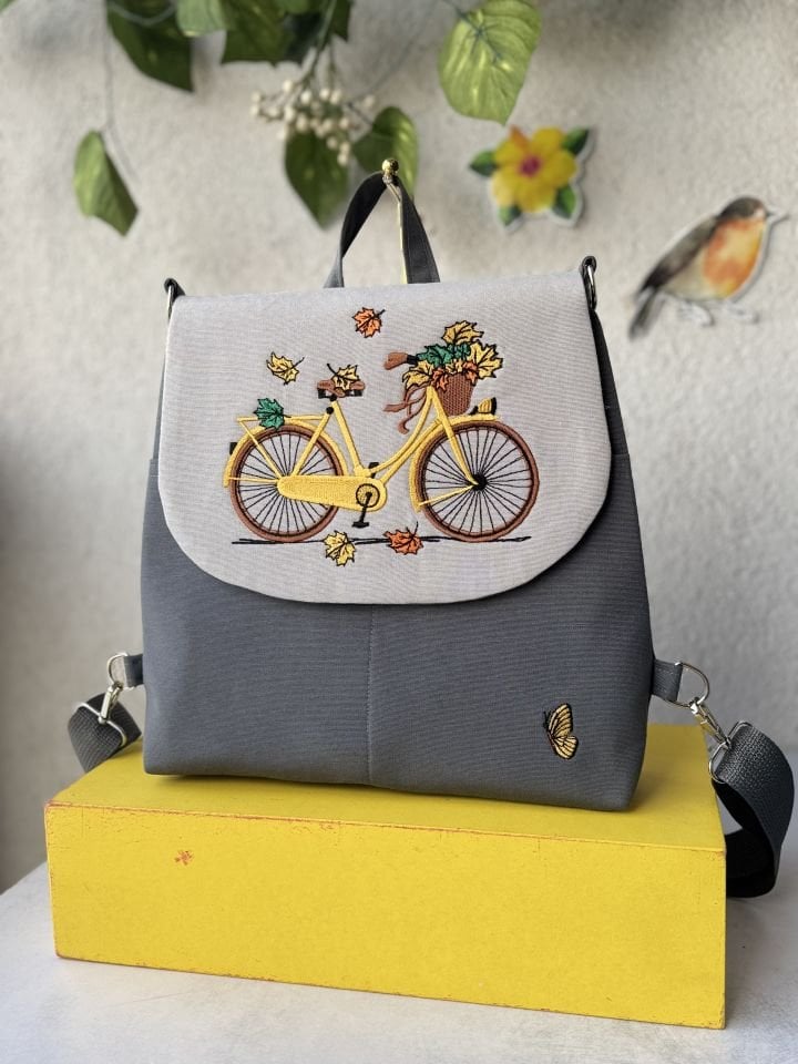 Antrasit Bisiklet Nakışlı Sırt Çantası