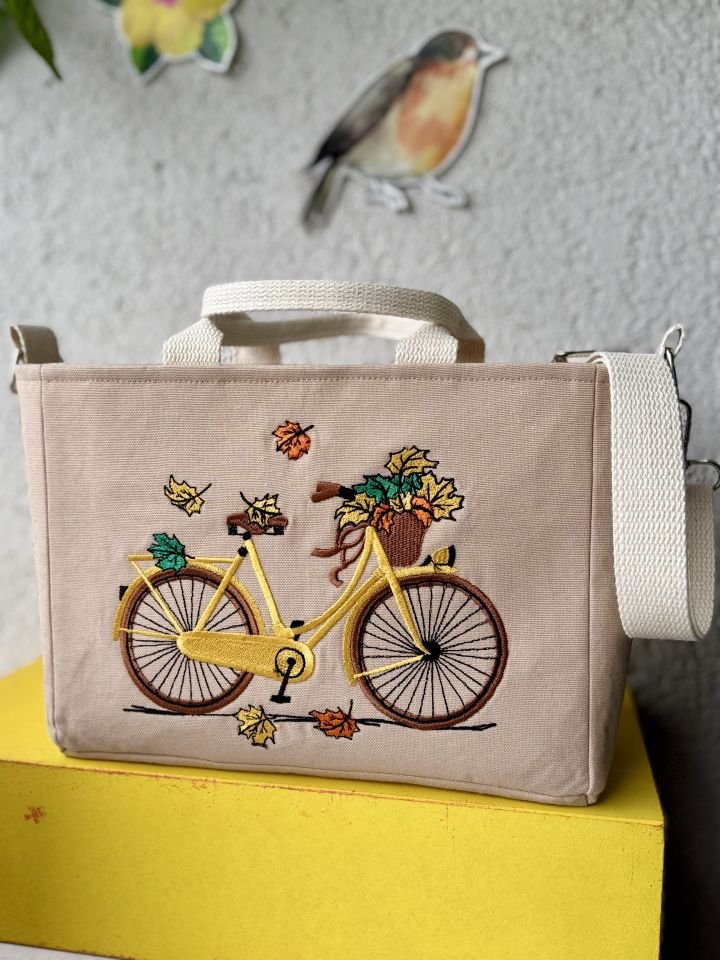 Krem Bisiklet Nakışlı Mini Omuz Çantası
