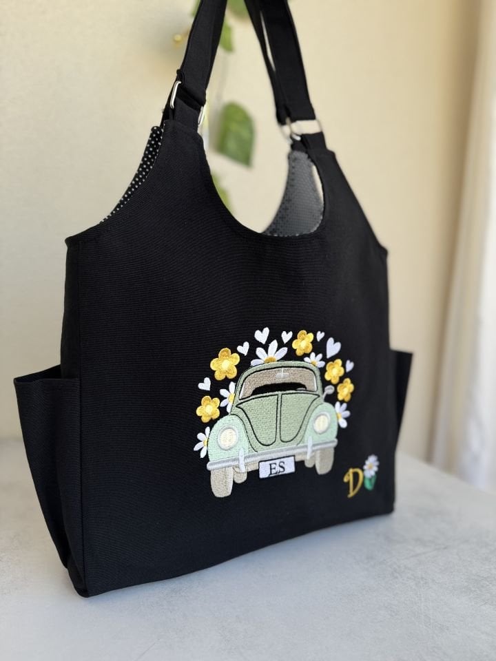 Siyah Vosvos Nakışlı Omuz Çantası