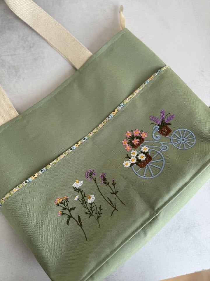 Su Yeşili Çiçekli - Bisikletli Omuz Çantası