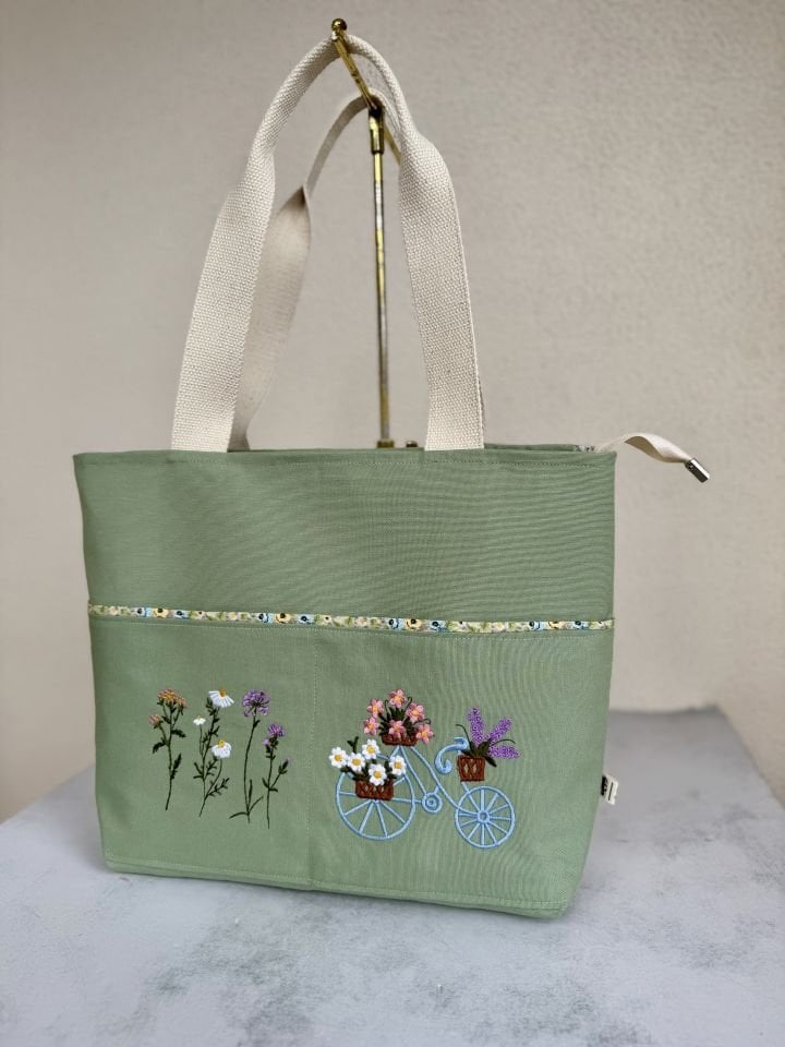 Su Yeşili Çiçekli - Bisikletli Omuz Çantası