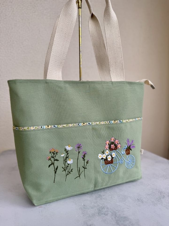 Su Yeşili Çiçekli - Bisikletli Omuz Çantası