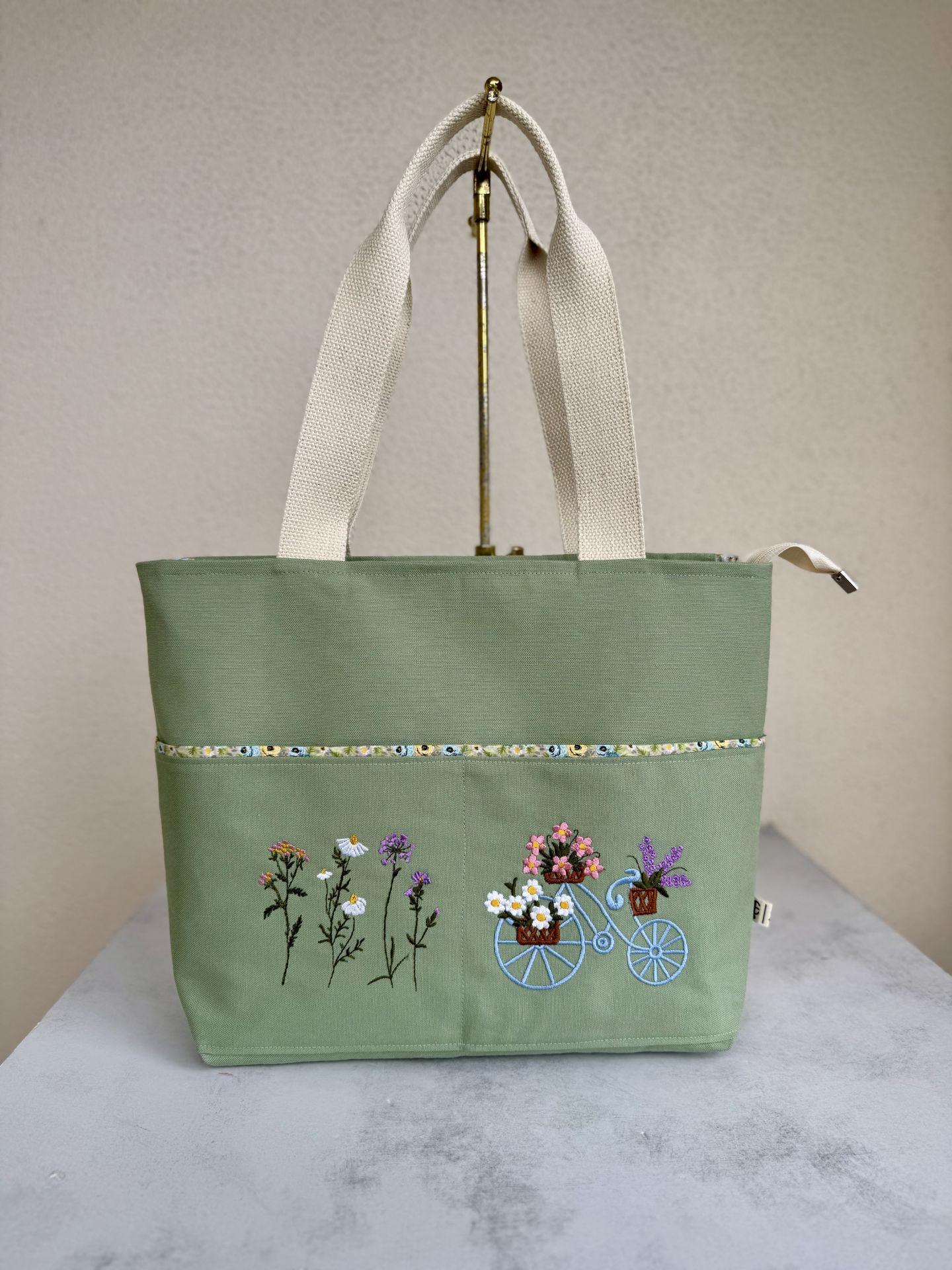 Su Yeşili Çiçekli - Bisikletli Omuz Çantası