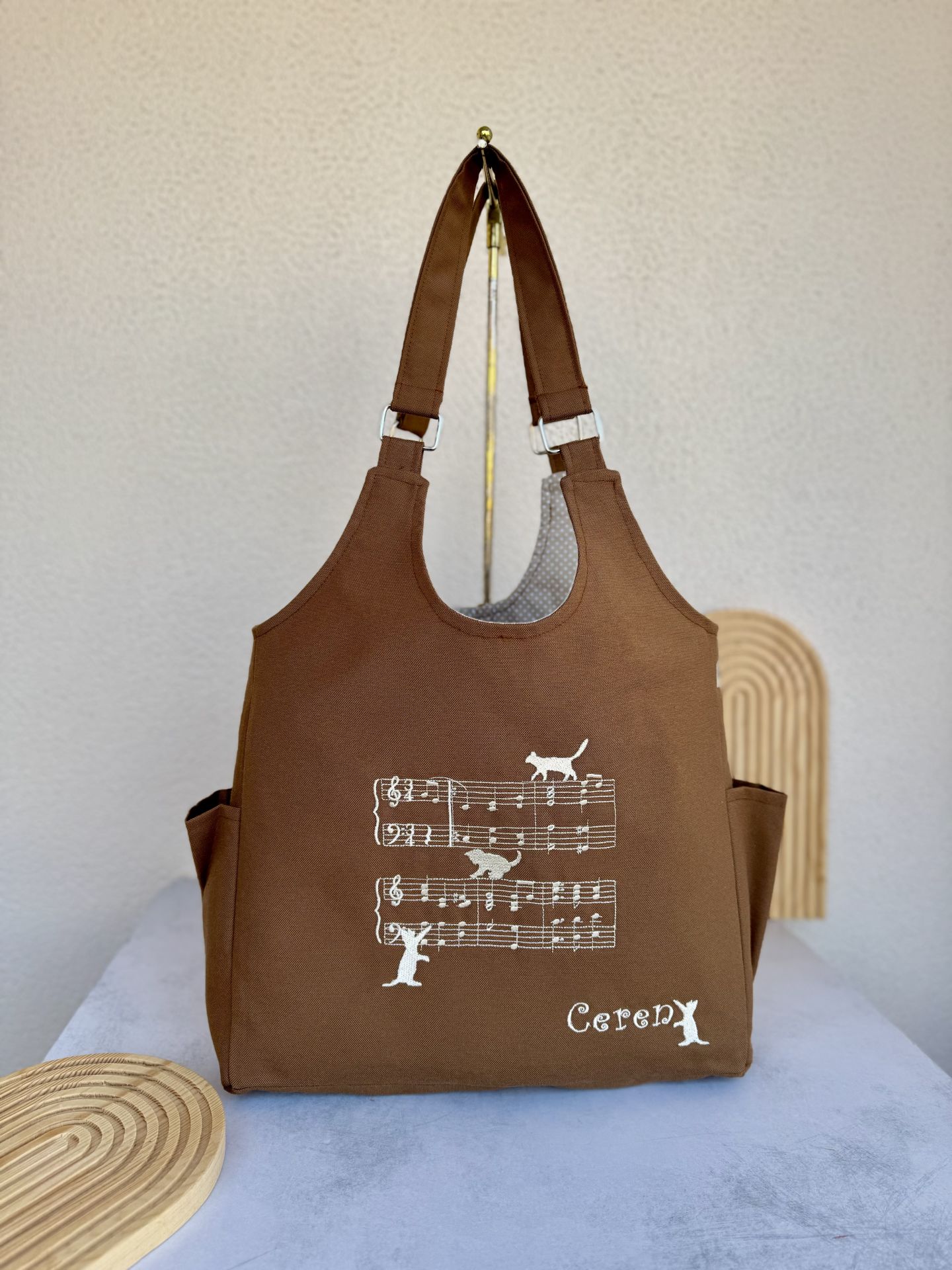 Kahverengi Notalı - Kedili Omuz Çantası