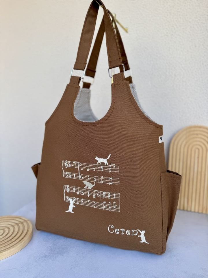 Kahverengi Notalı - Kedili Omuz Çantası