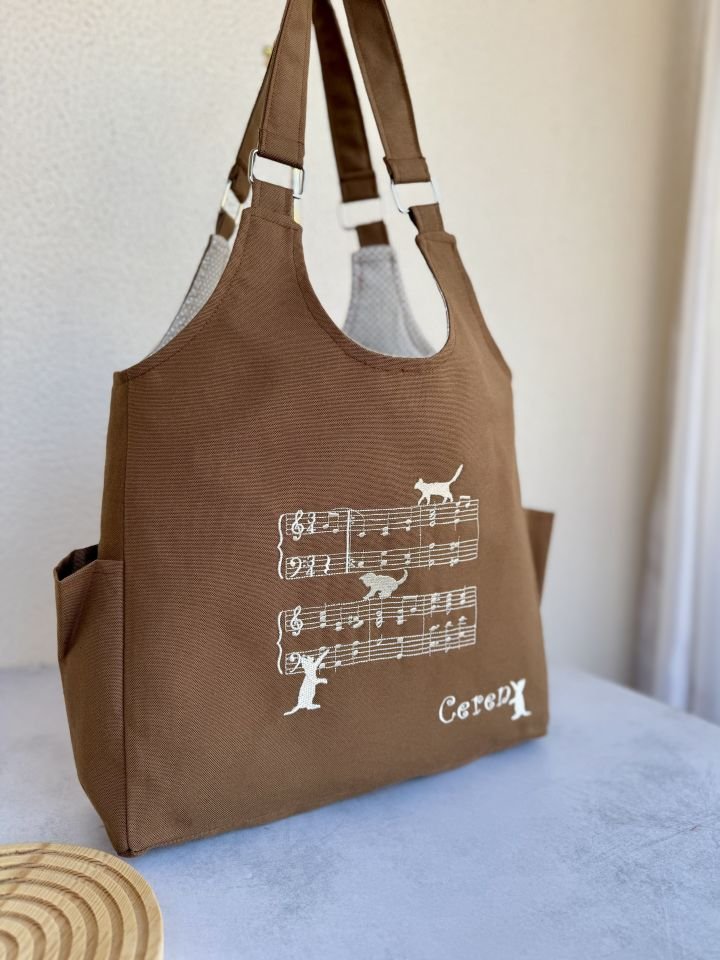 Kahverengi Notalı - Kedili Omuz Çantası