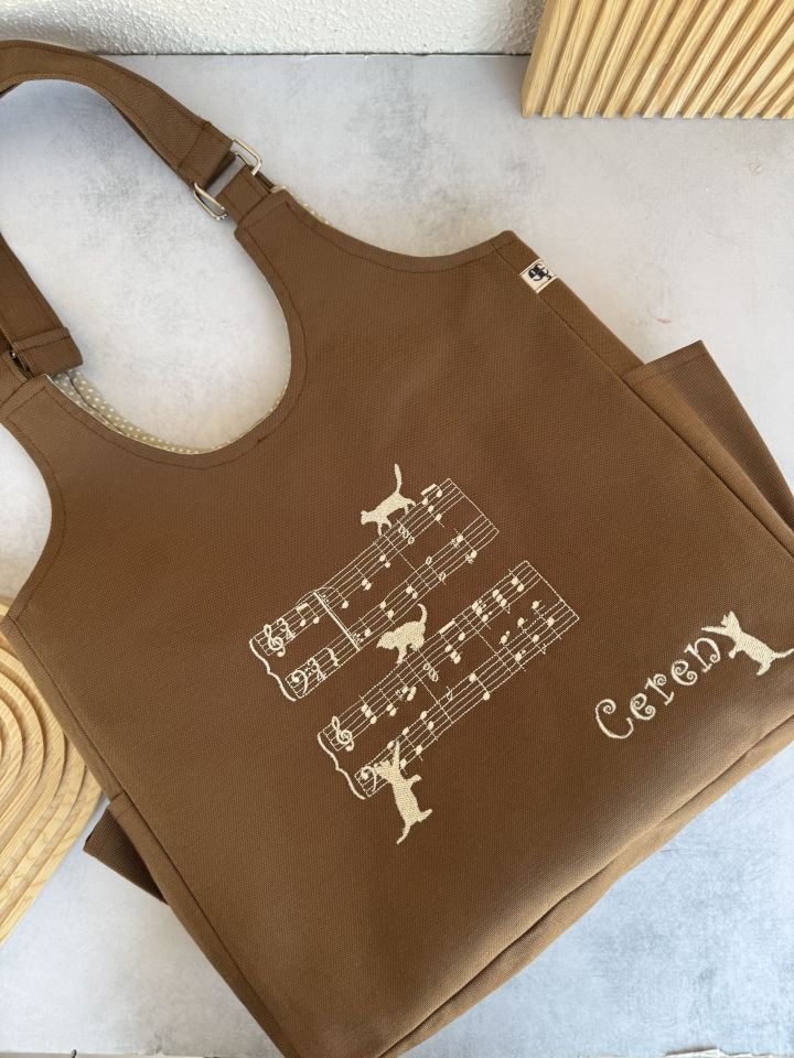 Kahverengi Notalı - Kedili Omuz Çantası