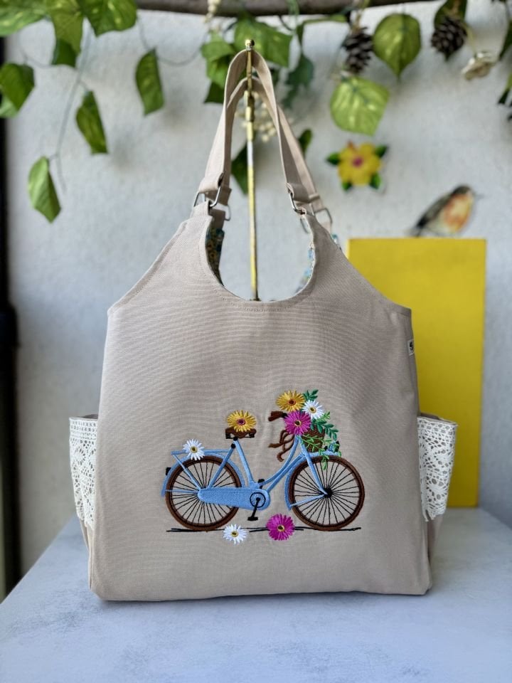 Krem Bisikletli Yaz Bahçesi Dantelli Omuz Çantası