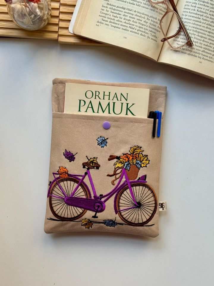 Kitap Kılıfı Krem Mor Bisiklet