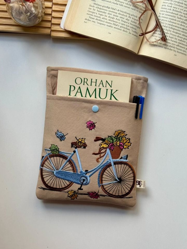 Kitap Kılıfı Krem Mavi Bisiklet
