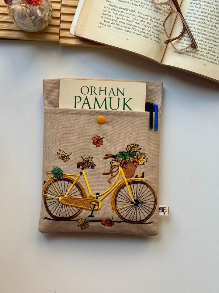 Kitap Kılıfı Krem Sarı Bisiklet