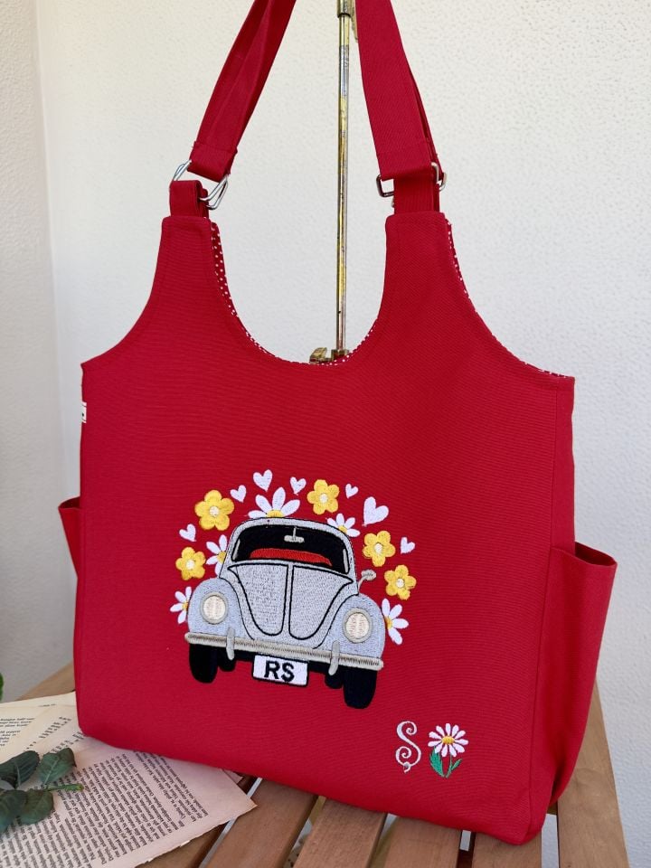 Kırmızı Çiçekli Woswos Nakışlı Omuz Çantası