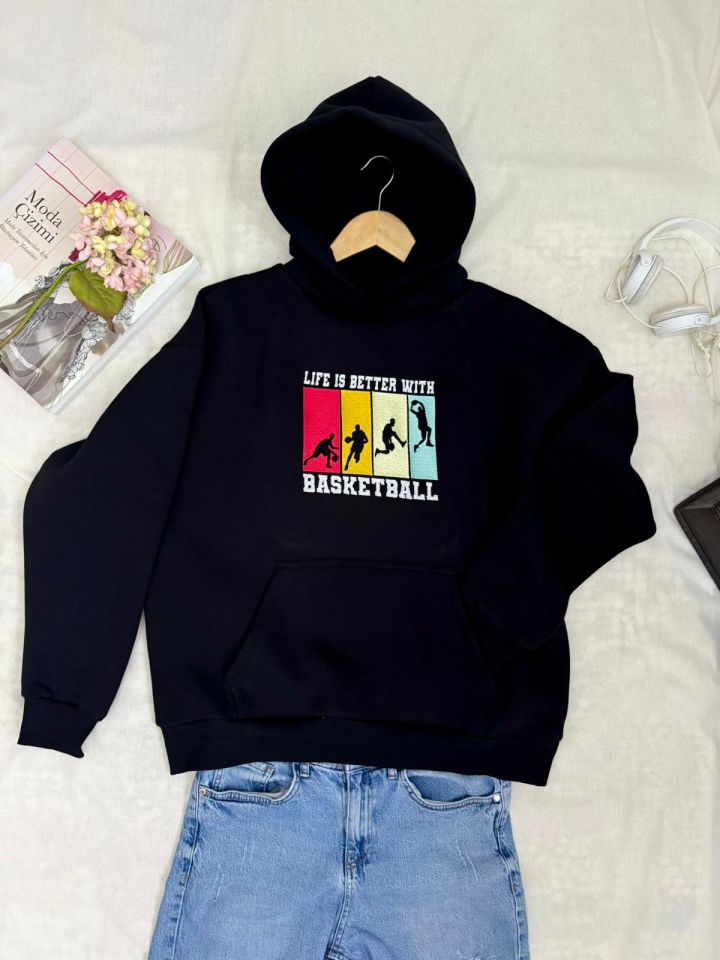 Oversize Kapüşonlu Nakışlı Sweatshırt