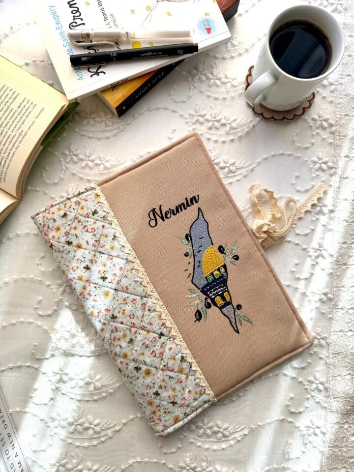 Krem Mescid-i Aksa Nakışlı Kişiye Özel Kitap Kılıfı Organizer