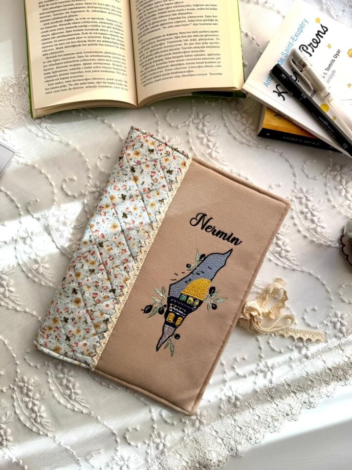 Krem Mescid-i Aksa Nakışlı Kişiye Özel Kitap Kılıfı Organizer