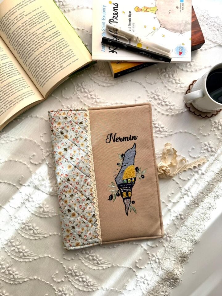 Krem Mescid-i Aksa Nakışlı Kişiye Özel Kitap Kılıfı Organizer