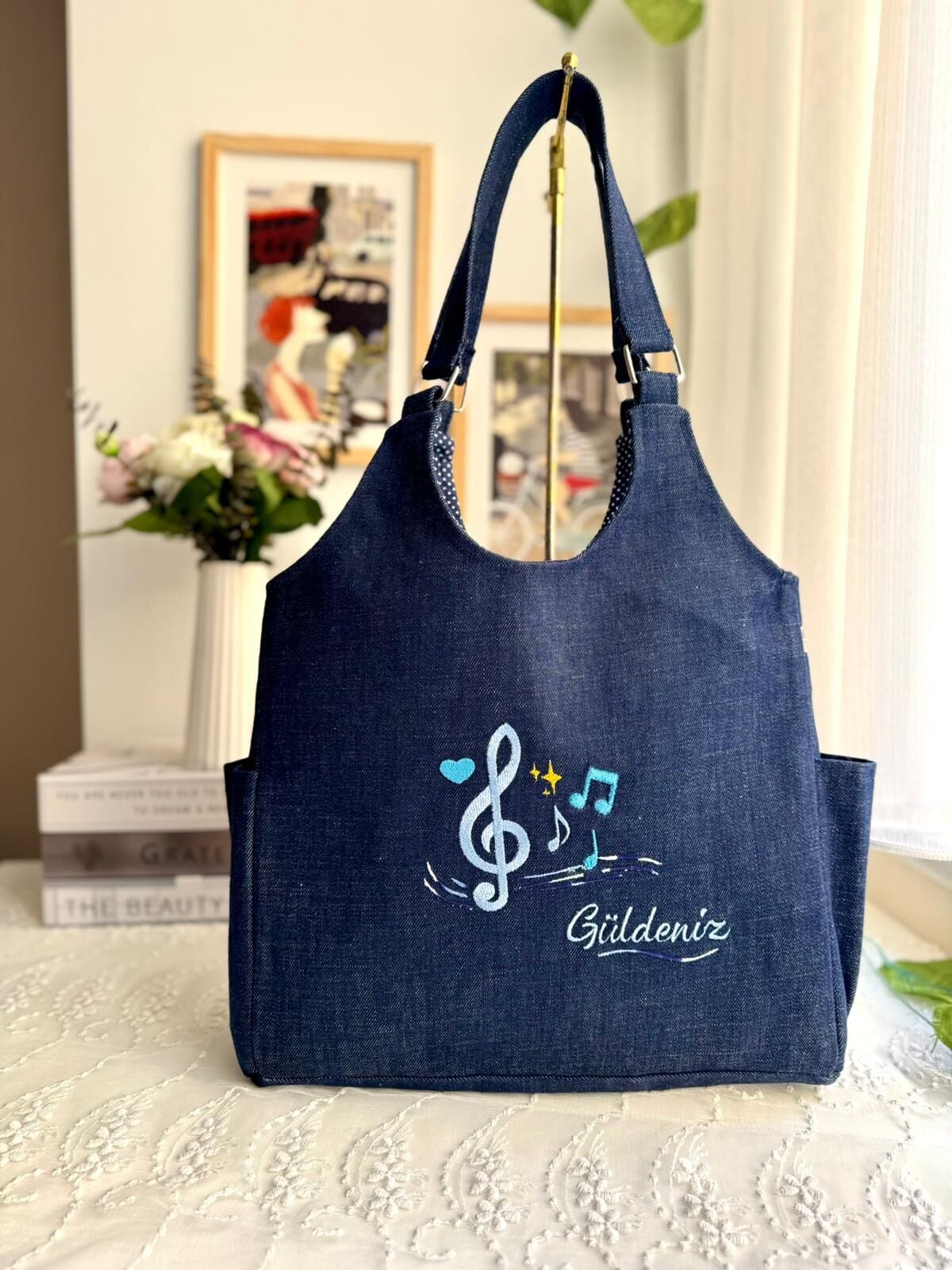 Kişiye Özel Müzik Temalı Nakışlı Omuz Çantası